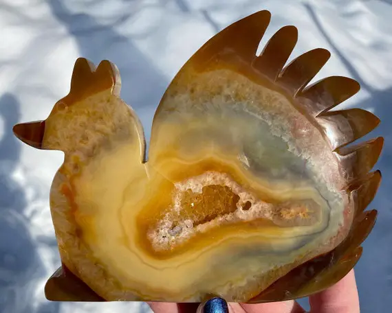 6" Ninetails Agate Carving With Druzy Quartz Pocket,  Gray Sparkly Fox Carving, Nine Tailed Fox, Wolf Figurine, Banded Agate Carving #2