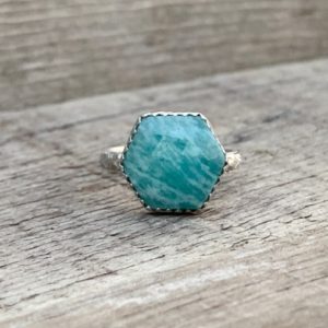 Shop Amazonite Rings! Sparkly Striped Blue Hexagon Faceted Amazonite Sterling Silver Ring with Sterling Silver Floral Ring Band | Geometric Blue Stone Ring | | Natural genuine Amazonite rings, simple unique handcrafted gemstone rings. #rings #jewelry #shopping #gift #handmade #fashion #style #affiliate #ad