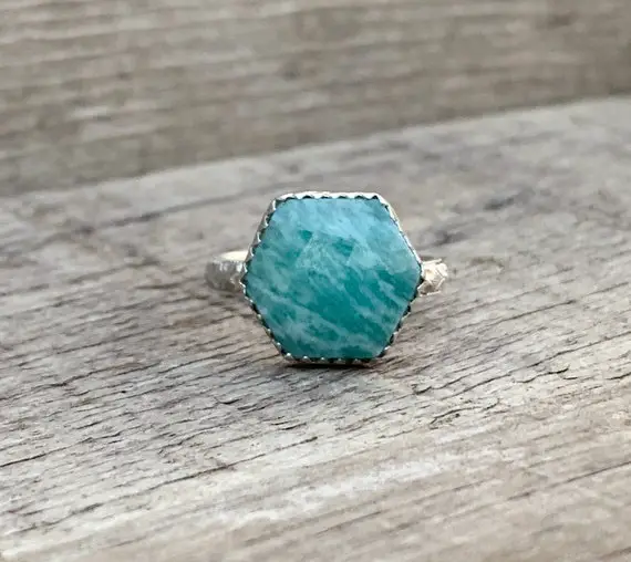 Sparkly Striped Blue Hexagon Faceted Amazonite Sterling Silver Ring With Sterling Silver Floral Ring Band | Geometric Blue Stone Ring |