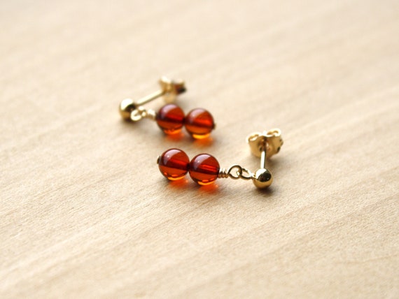 Natural Amber Stud Earrings . Genuine Amber Earrings 14k Gold Filled . Small Stone Studs Dangle