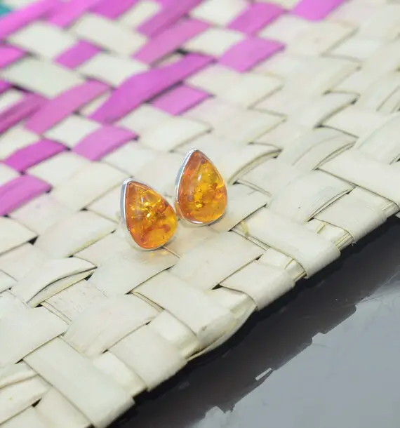 Silver Yellow Amber Stud 925 Sterling Silver Gemstone 1 Pair Stud Earring~ Amber Stud ~ Handmade Jewelry ~ Gift For Easter
