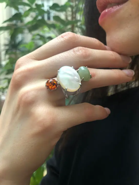 Boho Ring, Mother Of Pearl, Multistone Ring, Statement Ring, Heavy Ring, Bohemian Ring, Large Long Ring, Solid Silver Ring, Nephrite, Amber