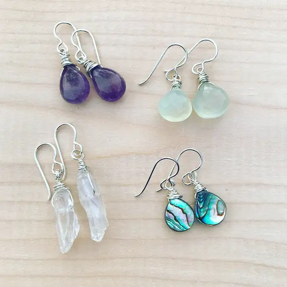 Dainty Gemstone And Silver Earrings: Your Choice Of Amethyst, Chalcedony, Quartz Or Abalone