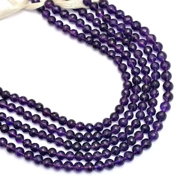 Amethyst Gemstone 7mm Round Faceted Beads | 10" Strand | Deep Purple Natural African Amethyst Semi Precious Gemstone Round Beads For Jewelry