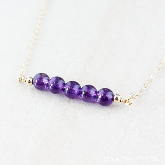 Gold Purple Amethyst Horizontal Bar Necklace, Row Of Stones, Beaded Bar Necklace, February Amethyst