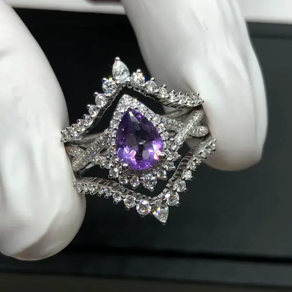 Vintage Amethyst Engagement Ring White Gold Pear Shaped Wedding Ring Diamond Moissanite Art Deco Ring Twisted Bridal Anniversary Ring