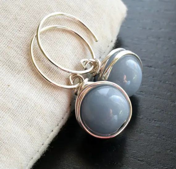 Angelite Earrings In Sterling Silver, Wire Wrapped Blue Gray Stone Bead Earrings, Periwinkle Blue Stone Open Hoops