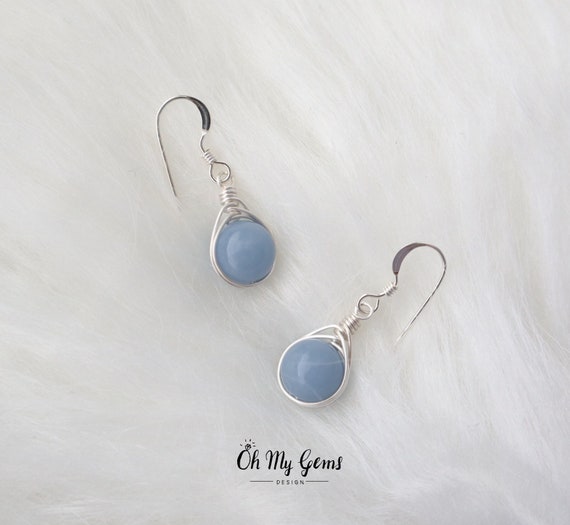 Angelite Earrings, Wire Wrapped Earrings, Sterling Silver Earrings, Natural Gemstone Earrings, Blue Dangle Earrings, Herringbone Blue Stone