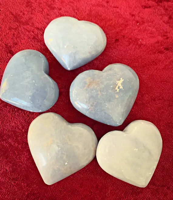 Angelite Polished Puffy Hearts, Crystal Hearts, Tumbled Angelite, Natural Crystals And Stones, Blue Hearts, Angelic Communication, Serenity