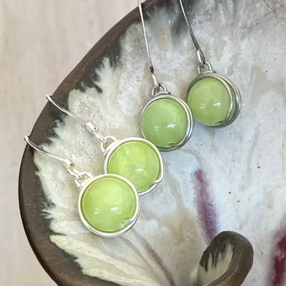 Apple Green Earrings, Aaa Natural Green Calcite, Wire Wrapped, Brushed Or Bright Silver, Spring Earrings
