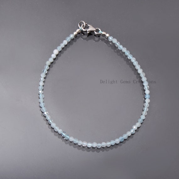 Aquamarine Micro Faceted Round Beads Bracelet, 2.5mm Milky Aqua Beryl Gemstone Tiny Beaded Bracelet, Women's-girls Bracelet, Gift For Her