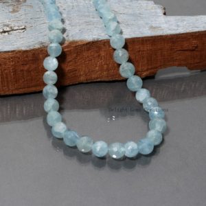 Natural Aquamarine Beaded Necklace, Faceted Blue Aquamarine Round Beads Necklace, 6-8.5mm Beads, Aquamarine Gemstone Necklace For Women | Natural genuine Array jewelry. Buy crystal jewelry, handmade handcrafted artisan jewelry for women.  Unique handmade gift ideas. #jewelry #beadedjewelry #beadedjewelry #gift #shopping #handmadejewelry #fashion #style #product #jewelry #affiliate #ad