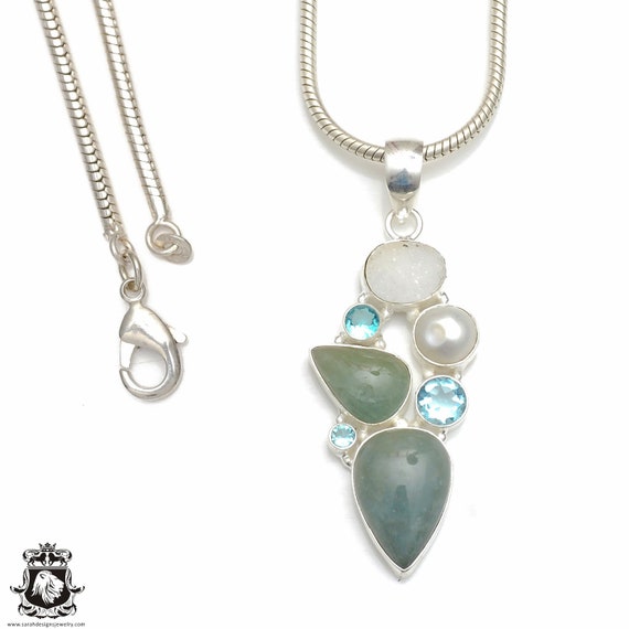 3 Inch Aquamarine Pearl Moonstone Blue Topaz Necklace 925 Sterling Silver Pendant & 3mm Italian 925 Sterling Silver Chain P9000