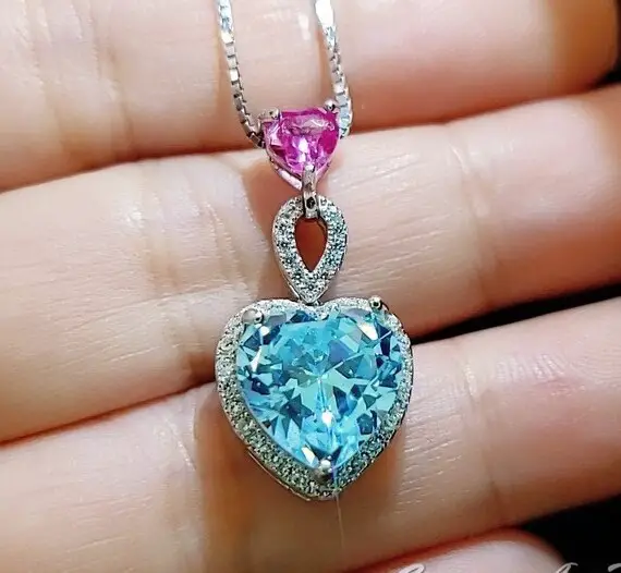 Aquamarine Double Heart Necklace - March Birthstone - 18kgp @ Sterling Silver - Double Heart 4ct - Blue Aquamarine Pendant #786