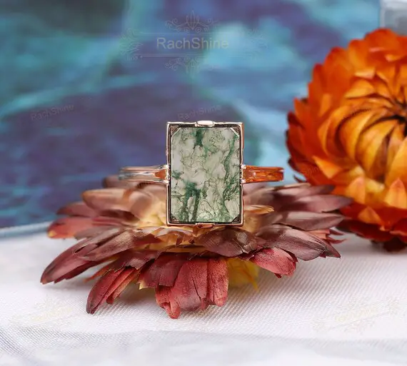 Baguette Shape 8x11mm Moss Agate Ring/ Dainty Ring/ Unique Ring/ 18k Rose Gold Engagement Ring/ Vintage Ring For Women/ Unique Agate Ring