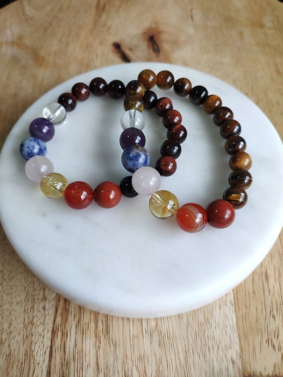 Beaded 7 Chakras Bracelet, Tiger's Eye, Moonstone, Hematite