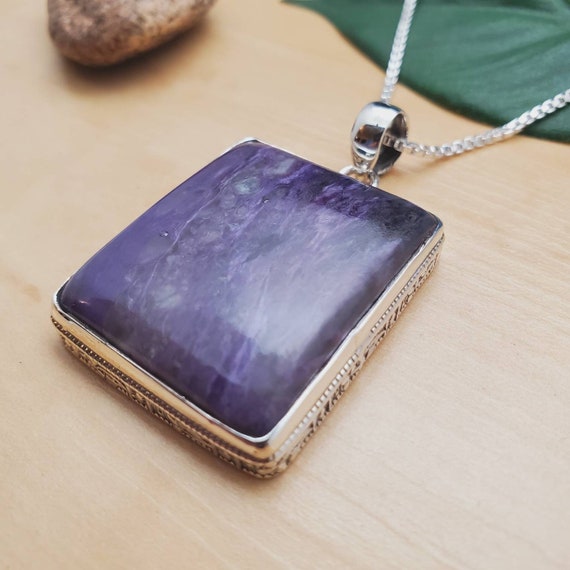 Beautiful #11 Big Purple Charoite Necklace Pendant With Silver Chain Necklace | Rectangle Purple Pendant | Sterling Silver Charoite Necklace