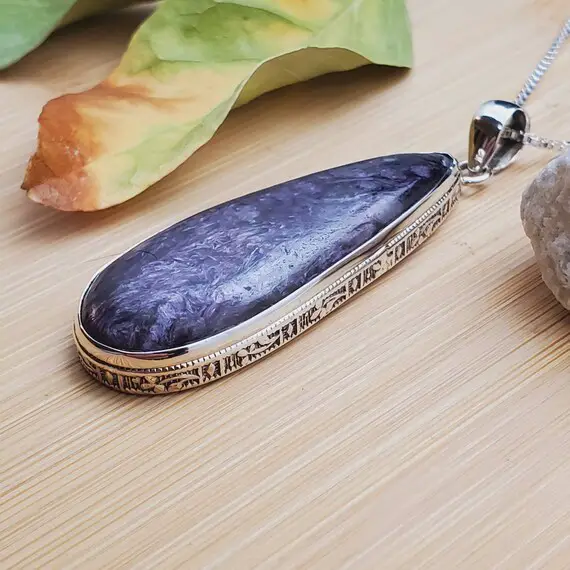 Beautiful #12 Big Purple Charoite Necklace Pendant With Silver Chain Necklace | Rectangle Purple Pendant | Sterling Silver Charoite Necklace