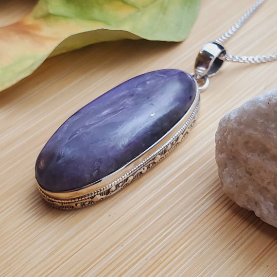 Beautiful #13 Big Purple Charoite Necklace Pendant With Silver Chain Necklace | Long Oval Purple Pendant | Sterling Silver Charoite Necklace