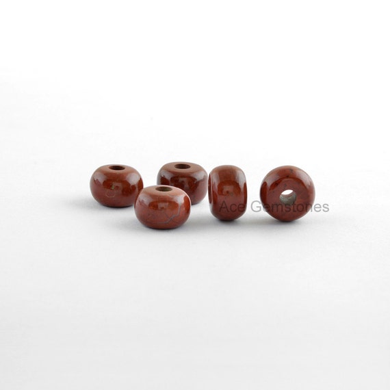 Big Hole European Beads, Natural Red Jasper Smooth Loose Gemstone Rondelle European Style Beads 9x14x4mm - 5 Pcs.