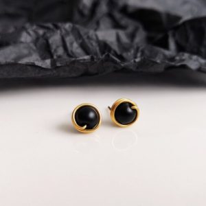 Shop Shungite Earrings! Black earrings, Wire wrap gemstone stud earrings, Round black studs, Gold wire earrings, Black studs, Shungite earrings, Gold plated studs | Natural genuine Shungite earrings. Buy crystal jewelry, handmade handcrafted artisan jewelry for women.  Unique handmade gift ideas. #jewelry #beadedearrings #beadedjewelry #gift #shopping #handmadejewelry #fashion #style #product #earrings #affiliate #ad