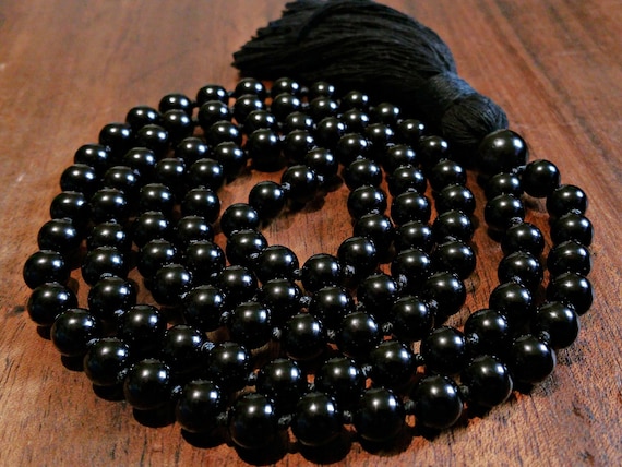 Obsidian Mala, Black Obsidian Necklace With Cotton Tassel For The Root Chakra, Vegan Protection Mala Beads, Grounding Black Beaded Necklace
