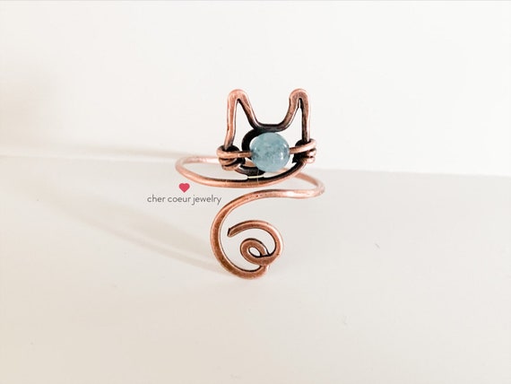 Blue Angelite Cat Ring, Handmade Wire Wrapped Copper Jewelry, Animal Inspired Healing Crystal Gemstone Ring