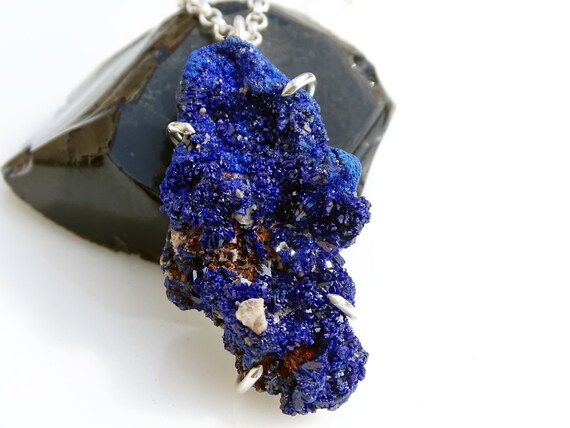 Blue Azurite Crystal Pendant Mens, Real Azurite Druzy Pendant, Raw Crystal Cluster Pendant,  Azurite Necklace Silver, Layering Necklace