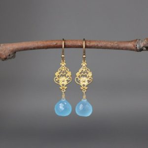 Shop Blue Chalcedony Jewelry! Blue Chalcedony Earrings – Blue Gemstone Earrings – Blue and Gold Earrings – Gold Filigree Earrings | Natural genuine Blue Chalcedony jewelry. Buy crystal jewelry, handmade handcrafted artisan jewelry for women.  Unique handmade gift ideas. #jewelry #beadedjewelry #beadedjewelry #gift #shopping #handmadejewelry #fashion #style #product #jewelry #affiliate #ad