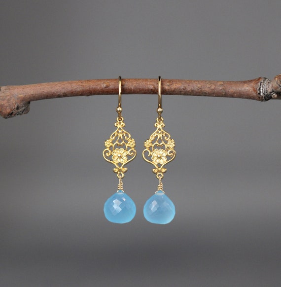 Blue Chalcedony Earrings - Blue Gemstone Earrings - Blue And Gold Earrings - Gold Filigree Earrings