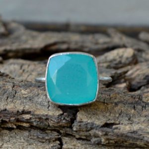 Shop Blue Chalcedony Rings! Cushion Aqua Blue Chalcedony Ring, Natural Chalcedony Ring, 925 Sterling Silver Ring, Bezel Ring, Aqua Ring, Chalcedony Gemstone Gift Ring | Natural genuine Blue Chalcedony rings, simple unique handcrafted gemstone rings. #rings #jewelry #shopping #gift #handmade #fashion #style #affiliate #ad