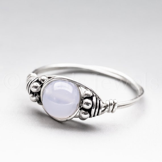 Pale Blue Chalcedony Bali Sterling Silver Wire Wrapped Gemstone Bead Ring - Made To Order, Ships Fast!