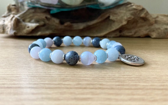 Blue Coral Celestite Aquamarine Angelite Bracelet | Ultimate Spiritual Blue Calming Stones | 8mm Beaded Stretch Mala Bracelet