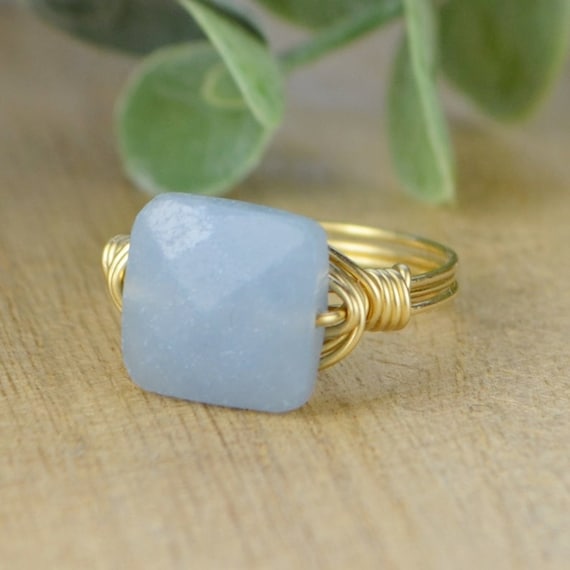 Blue Grey Angelite Faceted Square Gemstone Wrapped Ring-sterling Silver, 14k Yellow/ Rose Gold Filled Wire- Custom Size (full, .25, .5, .75)