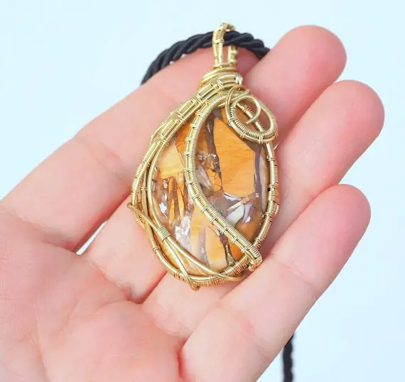 Brecciated Mookaite Jasper Necklace~wire Wrapped Mookaite Pendant~golden Colors Jewelry~gift For Her~anniversary Gift