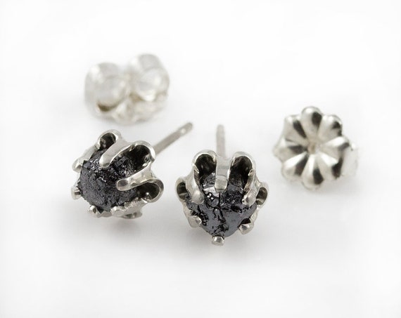 Buttercup Earrings With Black Rough Diamonds - Silver Studs - Large Raw Unfinished Diamonds - Jet Black Diamond Ear Studs
