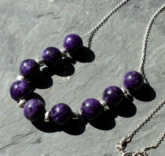 Charoite Necklace In Sterling Silver, Natural Purple Stone Bead Slide Necklace