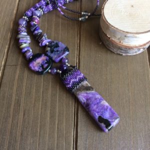 Shop Charoite Necklaces! Charoite necklace stone wrapped seed beaded peyote purple necklace gemstone pendant boho tribal amethyst Basque American bead jewelry women | Natural genuine Charoite necklaces. Buy crystal jewelry, handmade handcrafted artisan jewelry for women.  Unique handmade gift ideas. #jewelry #beadednecklaces #beadedjewelry #gift #shopping #handmadejewelry #fashion #style #product #necklaces #affiliate #ad