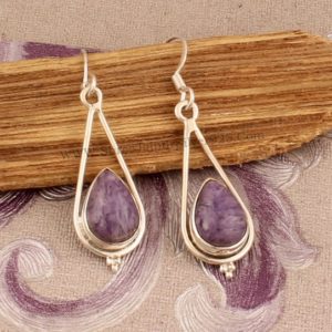 Charoite Pear Stone Solid 925 Sterling Silver Earrings For Women Handmade Boho Silver Charoite Earrings For Wedding Anniversary Gift For Her | Natural genuine Gemstone earrings. Buy handcrafted artisan wedding jewelry.  Unique handmade bridal jewelry gift ideas. #jewelry #beadedearrings #gift #crystaljewelry #shopping #handmadejewelry #wedding #bridal #earrings #affiliate #ad