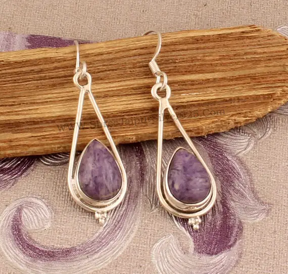 Charoite Pear Stone Solid 925 Sterling Silver Earrings For Women Handmade Boho Silver Charoite Earrings For Wedding Anniversary Gift For Her