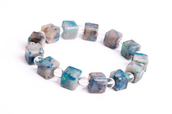 9-11mm Chrysocolla Beads Milky Blue Bracelet Grade A Genuine Natural Beveled Edge Faceted Cube Gemstone 7.5" (118500h-4037)