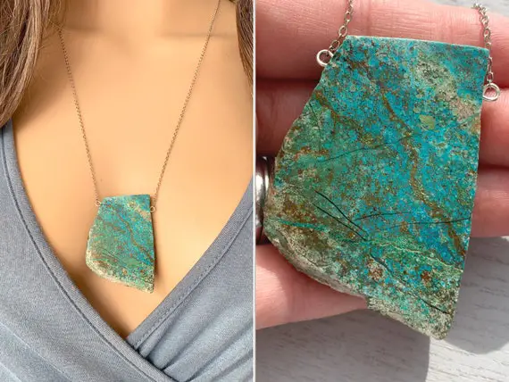 Big Chrysocolla Pendant Necklace, Raw Chrysocolla Necklace, Chrysocolla Jewelry Silver Or Gold, Natural Crystal Necklace For Her Exact Stone
