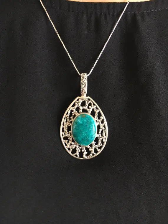 Chrysocolla Necklace,  Natural Chrysocolla Pendant, Blue Vintage Pendant, Statement Necklace, Long Unique Silver Pendant, Rare By Adina
