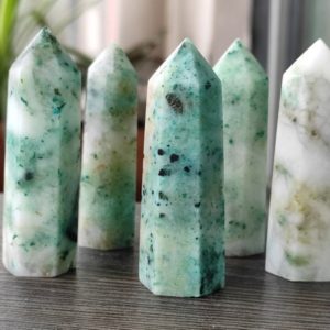 Shop Chrysocolla Points & Wands! Natural Fynchenite Point Chrysocolla Crystal Point Fynchenite Tower Chrysocolla Point Tower Hearl Crystal | Natural genuine stones & crystals in various shapes & sizes. Buy raw cut, tumbled, or polished gemstones for making jewelry or crystal healing energy vibration raising reiki stones. #crystals #gemstones #crystalhealing #crystalsandgemstones #energyhealing #affiliate #ad