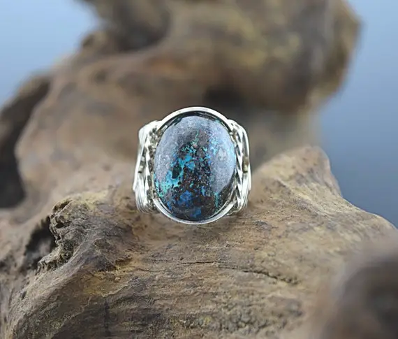 Sterling Silver Chrysocolla Cabochon Wire Wrapped Ring