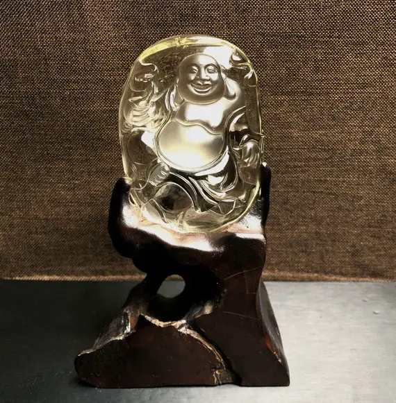 Natural Clear Citrine Quartz Crystal Carving Maitreya Buddha Decor/stunning Citrine Rainbow Crystal/master Handmade Gift/reiki Heal Happy