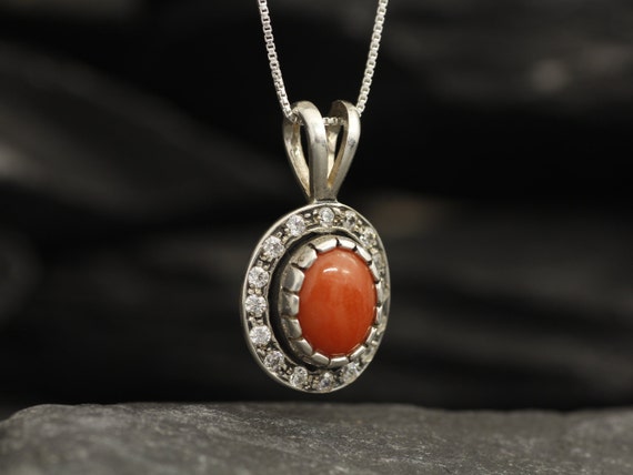 Coral Pendant, Red Coral Necklace, Natural Coral Pendant, Oval Coral Necklace, Cz Diamonds, For Her, Adina Stone, 925 Sterling Silver