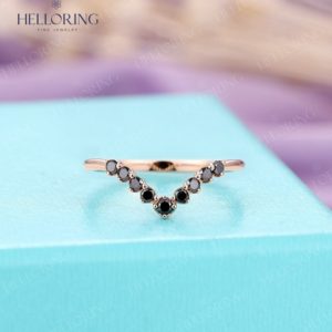 Black Diamond ring Curved wedding band  Unique Chevron Vintage Matching Stacking Promise Bridal Art deco set Anniversary ring | Natural genuine Gemstone rings, simple unique alternative gemstone engagement rings. #rings #jewelry #bridal #wedding #jewelryaccessories #engagementrings #weddingideas #affiliate #ad