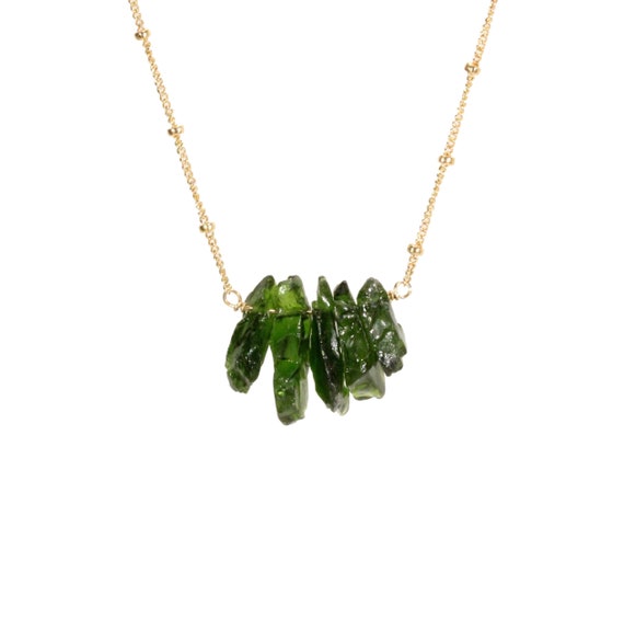 Chrome Diopside Necklace, Row Of Raw Crystals, Green Crystal Necklace, Bar Necklace, Healing Crystal Necklace, 14k Gold Filled Chain