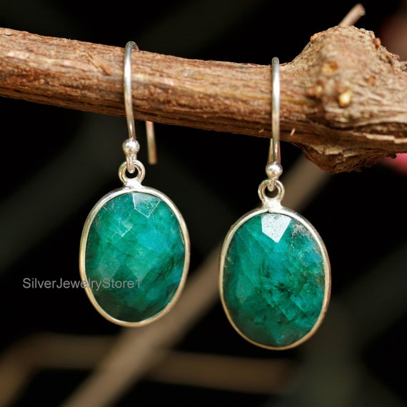 Dangle Earring, Emerald Earrings, 925 Sterling Silver Jewelry , Emerald 12x16 Mm Oval Earrings, Emerald Bezel Earrings, Gift For Her